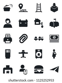Set of vector isolated black icon - baggage larry vector, ladder, patient, pregnancy, navigation, cash, support, package, speaker, paper clip, printer, fireplace, mailbox, restaurant table, drink