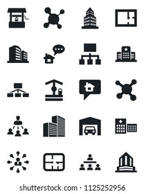 Set of vector isolated black icon - hierarchy vector, well, molecule, hospital, office building, garage, plan, home message