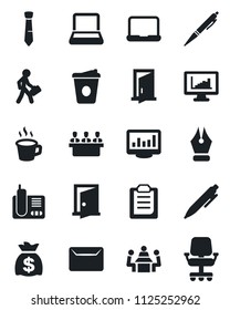 Set of vector isolated black icon - pen vector, money bag, coffee, radio phone, clipboard, monitor statistics, ink, meeting, tie, notebook pc, manager, mail, door, office chair