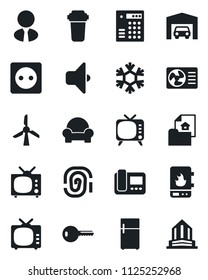 Set of vector isolated black icon - tv vector, garage, estate document, agent, key, cushioned furniture, socket, water heater, snowflake, air conditioner, intercome, filter, sound, fridge, windmill