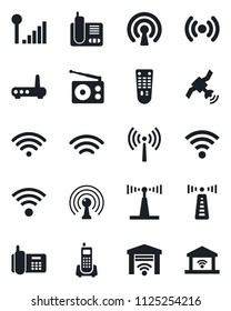 Set of vector isolated black icon - antenna vector, office phone, radio, satellite, remote control, wireless, cellular signal, router, garage gate