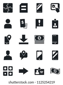 Set of vector isolated black icon - right arrow vector, mobile phone, identity card, document, important flag, tracking, cell, user, download, application, restaurant receipt, home control app, cash
