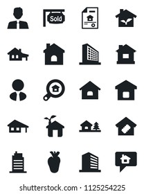 Set of vector isolated black icon - office building vector, house, real heart, with garage, tree, estate document, sold signboard, search, agent, smart home, city, eco, message