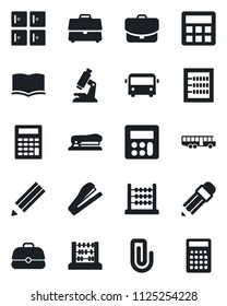Set of vector isolated black icon - airport bus vector, checkroom, book, abacus, microscope, calculator, case, paper clip, pencil, stapler