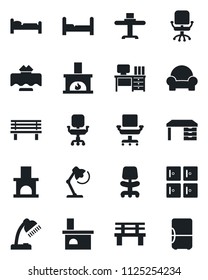 Set of vector isolated black icon - bed vector, checkroom, office chair, desk, bench, fireplace, lamp, bedroom, cushioned furniture, restaurant table, fridge