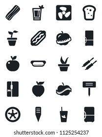 Set of vector isolated black icon - seedling vector, plant label, diet, fridge, phyto bar, bacon, bread, kebab, hot dog, apple fruit, fan