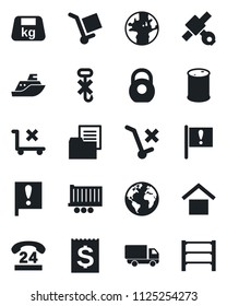 Set of vector isolated black icon - earth vector, important flag, satellite, 24 hours, sea shipping, truck trailer, car delivery, receipt, folder document, cargo, warehouse storage, no trolley, hook