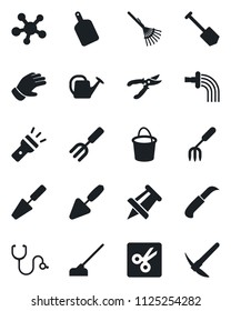 Set of vector isolated black icon - drawing pin vector, job, trowel, garden fork, rake, watering can, bucket, pruner, glove, hoe, knife, stethoscope, share, torch, cut, cutting board, hard work