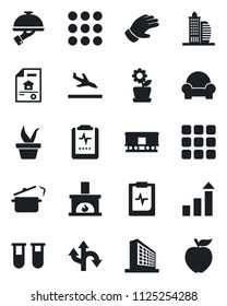 Set of vector isolated black icon - arrival vector, office building, growth statistic, seedling, glove, blood test vial, pulse clipboard, route, railroad, menu, estate document, cushioned furniture