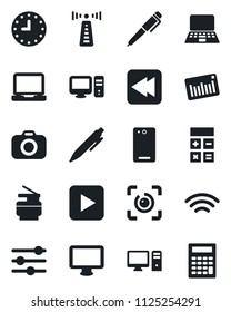 Set of vector isolated black icon - antenna vector, calculator, pen, notebook pc, clock, barcode, camera, monitor, laptop, play button, rewind, phone back, tuning, wireless, eye id, copier