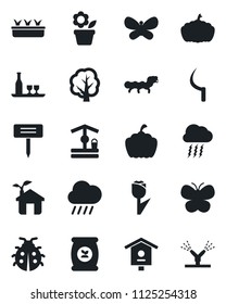 Set of vector isolated black icon - storm cloud vector, flower in pot, tree, butterfly, lady bug, seedling, rain, well, sickle, plant label, pumpkin, caterpillar, bird house, fertilizer, tulip, eco