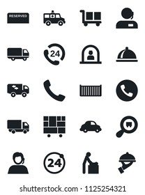 Set of vector isolated black icon - 24 around vector, phone, baby room, reception, ambulance car, hours, support, cargo container, delivery, consolidated, search, call, moving, dish, reserved