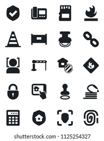 Set of vector isolated black icon - fence vector, barrier, stamp, border cone, lock, hose, shield, flammable, chain, sd, face id, estate insurance, intercome, home control app, combination