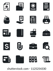 Set of vector isolated black icon - passport vector, notepad, document, receipt, folder, news, case, paper clip, search, binder, printer, copier, contract, estate