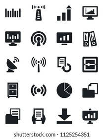 Set of vector isolated black icon - antenna vector, growth statistic, office binder, document, monitor, reload, folder, barcode, satellite, scanner, download, statistics, pie graph, archive box