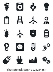 Set of vector isolated black icon - bulb vector, ladder, fire, remote control, speaker, battery, rca, protect, windmill, factory, socket, power plug, energy saving, sun panel, gear