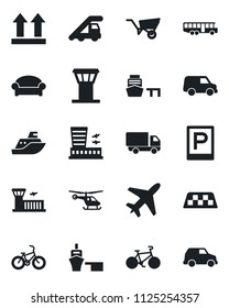 Set of vector isolated black icon - plane vector, airport tower, taxi, bus, parking, waiting area, ladder car, helicopter, building, wheelbarrow, bike, sea shipping, delivery, port, up side sign