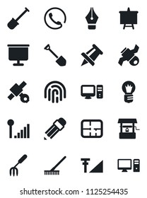 Set of vector isolated black icon - presentation board vector, drawing pin, bulb, job, garden fork, shovel, rake, well, satellite, fingerprint id, cellular signal, ink pen, pencil, plan, phone, pc