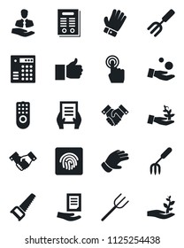 Set of vector isolated black icon - handshake vector, document, garden fork, farm, glove, saw, client, touch screen, finger up, fingerprint id, contract, remote control, combination lock, investment