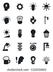 Set of vector isolated black icon - brainstorm vector, bulb, fire, sun, garden light, traffic, brightness, desk lamp, beer, smoke detector, energy saving, outdoor, alarm led, shining head, idea