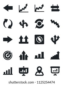Set of vector isolated black icon - signpost vector, right arrow, left, growth statistic, crisis graph, route, navigation, up side sign, update, compass, bar, target, presentation