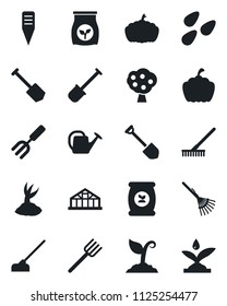 Set of vector isolated black icon - job vector, garden fork, shovel, farm, rake, watering can, sproute, hoe, plant label, pumpkin, greenhouse, seeds, fertilizer, fruit tree, irrigation