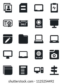 Set of vector isolated black icon - passport vector, notebook pc, document, pulse clipboard, monitor, laptop, folder, notes, photo gallery, presentation board, blank box, sale, certificate