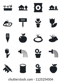 Set of vector isolated black icon - flower in pot vector, watering, seedling, plant label, pond, tulip, oil barrel, house with tree, rolling pin, apple fruit