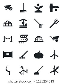 Set of vector isolated black icon - fence vector, farm fork, rake, wheelbarrow, well, hoe, sickle, pumpkin, greenhouse, drip irrigation, windmill
