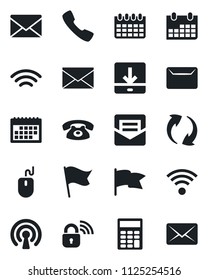 Set of vector isolated black icon - mail vector, mouse, calendar, call, update, download, wireless, calculator, phone, lock, flag