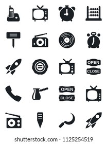 Set of vector isolated black icon - alarm clock vector, tv, stamp, sickle, plant label, vinyl, radio, phone, call, abacus, open close, turkish coffee, rocket