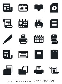 Set of vector isolated black icon - book vector, pen, notepad, document, calendar, printer, contract, medical, folder, news, copybook, search, schedule