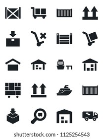 Set of vector isolated black icon - sea shipping vector, cargo container, port, consolidated, warehouse storage, up side sign, no trolley, package, search, moving