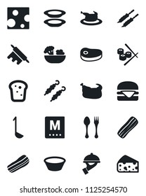 Set of vector isolated black icon - spoon and fork vector, menu, salad, plates, bacon, waiter, bread, chicken, steak, kebab, hamburger, ladle, bowl, rolling pin, sushi, cheese