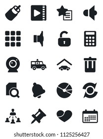 Set of vector isolated black icon - trash bin vector, ambulance car, speaker, favorites list, heart, rca, menu, bell, video, update, drawing pin, pie graph, document search, calculator, hierarchy
