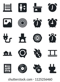 Set of vector isolated black icon - elevator vector, alarm clock, abacus, stamp, fireplace, film frame, vinyl, flame disk, gallery, house with tree, power plug