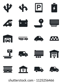 Set of vector isolated black icon - taxi vector, airport bus, parking, ladder car, route, railroad, truck trailer, delivery, heavy scales, garage, gate control, battery