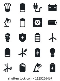 Set of vector isolated black icon - bulb vector, battery, low, protect, charge, desk lamp, windmill, socket, power plug, energy saving