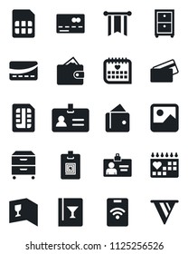Set of vector isolated black icon - credit card vector, identity, medical calendar, gallery, sim, archive box, wine, pass, wallet, pennon
