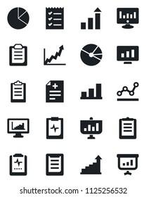 Set of vector isolated black icon - growth statistic vector, monitor, diagnosis, pulse clipboard, statistics, bar graph, pie, checklist, point, presentation