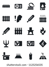 Set of vector isolated black icon - fire vector, hose, fireplace, thermometer, heater, air conditioner, candle, water, smoke detector, radiator, warm floor