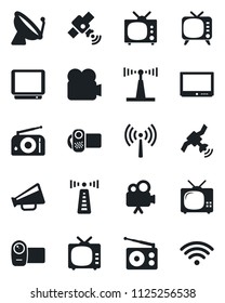 Set of vector isolated black icon - antenna vector, satellite, radio, loudspeaker, tv, video camera, wireless