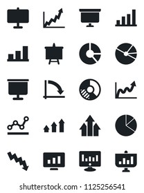 Set of vector isolated black icon - presentation board vector, crisis graph, statistic monitor, circle chart, bar, pie, point, arrow up, growth