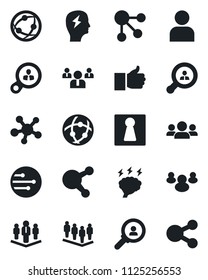 Set of vector isolated black icon - female vector, team, brainstorm, network, share, group, finger up, user, company, client search, consumer, social media