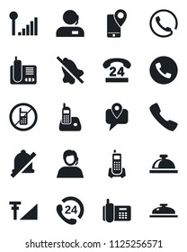 Set of vector isolated black icon - phone vector, no mobile, reception bell, office, 24 hours, support, tracking, radio, call, mute, cellular signal