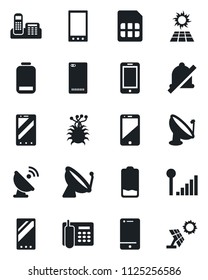 Set of vector isolated black icon - satellite antenna vector, mobile phone, virus, cell, low battery, back, sim, mute, cellular signal, office, sun panel