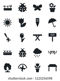 Set of vector isolated black icon - umbrella vector, sun, flower in pot, ripper, tree, butterfly, lady bug, seedling, rain, plant label, picnic table, tulip