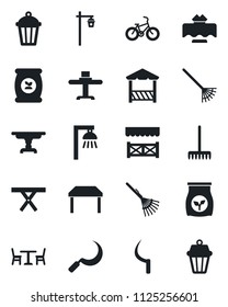 Set of vector isolated black icon - cafe vector, rake, sickle, garden light, picnic table, fertilizer, bike, restaurant, alcove, outdoor lamp