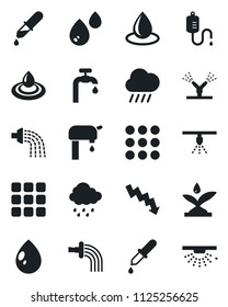 Set of vector isolated black icon - crisis graph vector, watering, water drop, rain, dropper, menu, supply, irrigation, sprinkler
