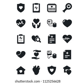 Set of vector isolated black icon - heart pulse vector, diagnosis, blood pressure, diagnostic, shield, hand, real, medical calendar, clipboard, sweet home